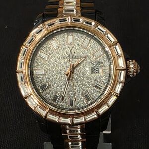 Toy Watch Gems Paved Crystal Dial Bracelet 40mm 5atm Black Rose Gold Tone RUNS